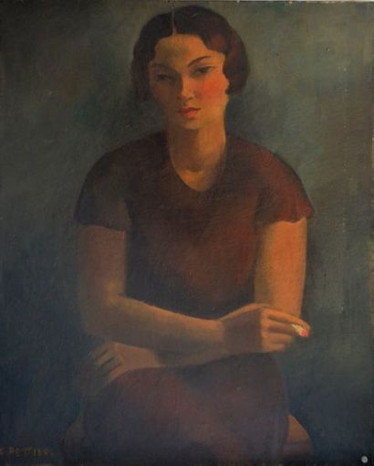 null Colette PETTIER (1907-1983), "La cigarette", huile sur toile, signée en bas...