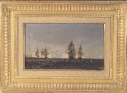 JULES NOEL (1810- 1881). Engagement entre vaisseaux français et hollandais. Huile...