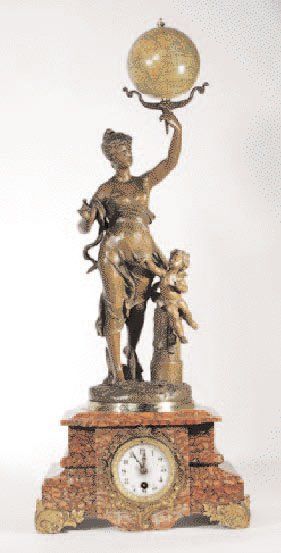 Charles ANFRIE (1833-1905). Femme et angelot portant le monde. Régule à patine brune,...