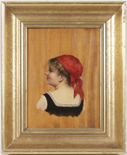 Fanny FLEURY (1848-?) " Portrait au noeud rose" Huile sur toile signée en haut à...