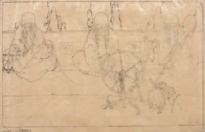 MOSSA, Gustave Adolphe (1883-1971) « Scène symboliste, les fileuses » Encre sur calque,...