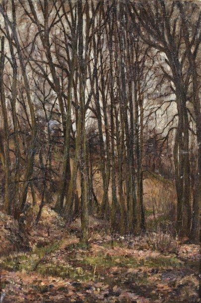 ALLONGE Auguste (1833-1898) « Bouquet d'arbres en forêt de Fontainebleau » Huile...