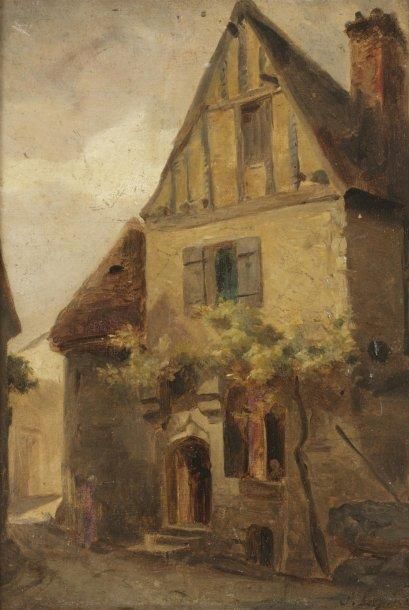LEPINE Stanislas (1835-1892) « Vieille maison à Caen » Huile sur carton contrecollée...