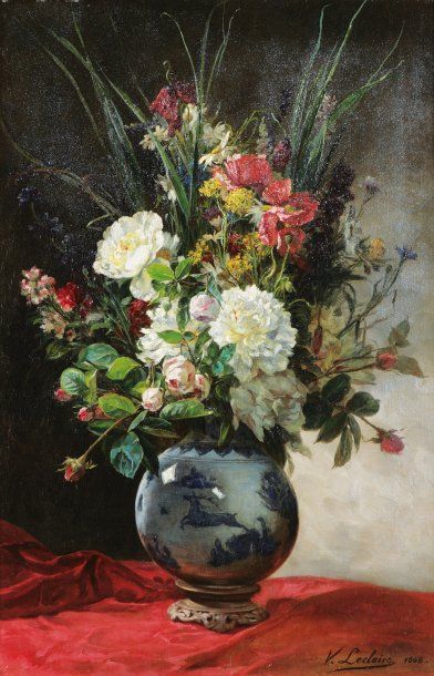 LECLAIRE Victor (1830-1885) « Composition de fleurs dans un vase » Huile sur toile,...