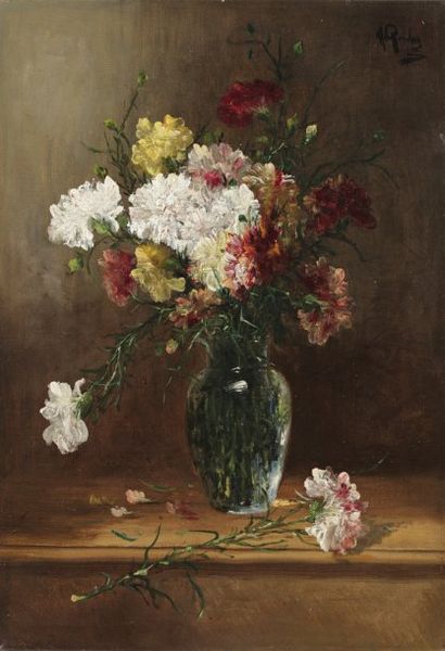 ROUBY Alfred (né en 1849) « Le bouquet d'oeillets » Huile sur toile, signée en haut...
