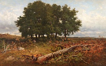 ECOLE FRANCAISE XIXe siècle « Les bucherons en forêt » Huile sur toile. 71 x 112...