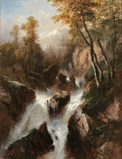 COIGNET Jules Louis (1798-1860) « Torrent dans les Alpes » Huile sur toile, signée...