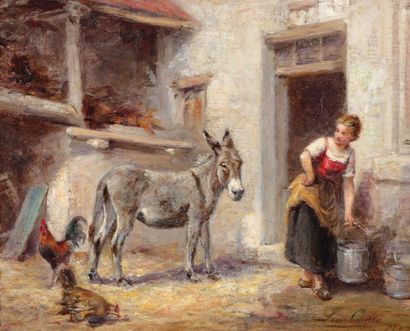 CAILLE Léon Emile (1836-1907) « Le petit âne » Huile sur panneau, signée en bas à...