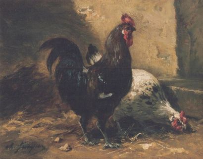 JACQUE Charles Emile (1813-1904) « Coq et poule » Huile sur panneau, signée en bas...