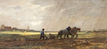 JACQUE Charles Emile (1813-1894) « Le labour à Barbizon sous l'ondée » Huile sur...