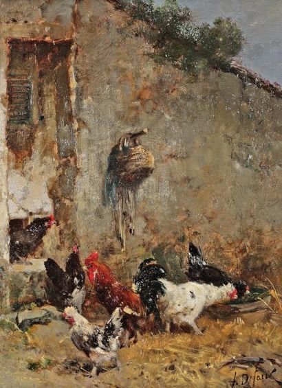 DEFAUX Alexandre (1826-1900) « Le poulallier » Huile sur panneau, signée en bas à...