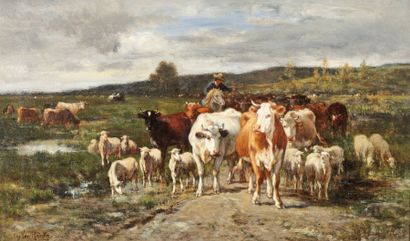 VAN MARCKE DE LUMMEN Emile (1827-1890) « Le troupeau » Huile sur toile (réentoilée),...