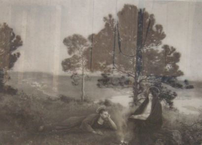 J. MONIER "Sainte Famille", gravure en noir, signé en bas à droite, 43 x 60 cm