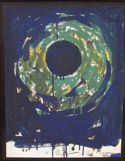 Eric de TARRAGON (XX) "Composition au fond bleu", Acrylique papier marouflé sur toile,...