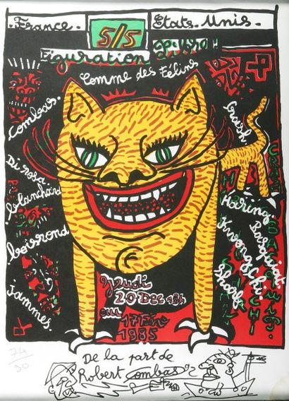 Robert COMBAS (né en 1957) "Le chat", affiche lithographique, signé et dédicacé en...