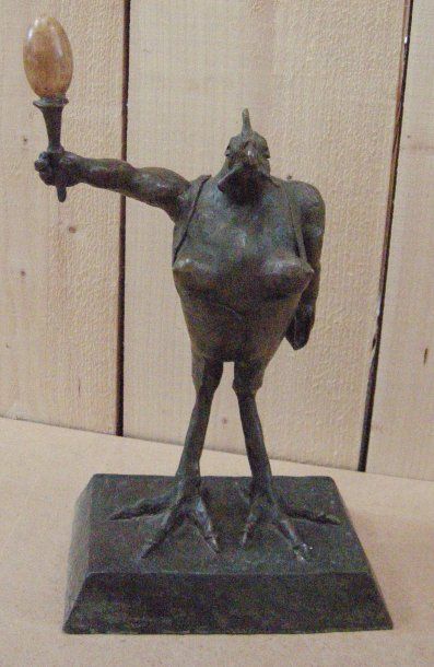 Gille de KERVERSAU (né en 1949) "Le coq", épreuve en bronze à patine verte signé...