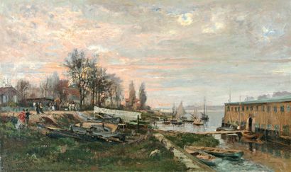 VERON Alexandre René (1826-1897) « Bord de l'Oise, soleil couchant après la régate...