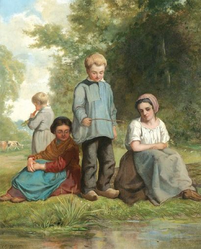 BILLOIN Charles (1813-1869) Ecole Belge « La partie de pêche » Huile sur panneau...