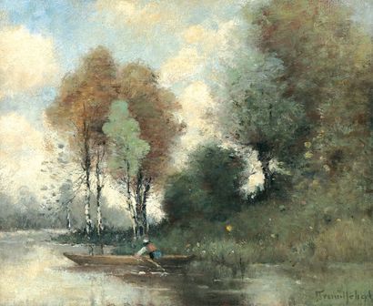 TROUILLEBERT Paul Désiré (1829-1900) « Le Rameur près des arbres » Huile sur toile...