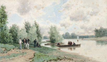 CICERI Eugène (1813-1890) « Promeneurs en barque au bord du Loing » Aquarelle Signée...