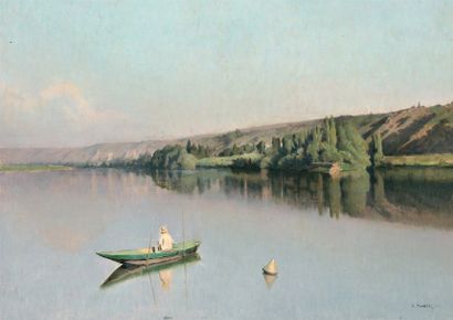 FOUBERT Emile Louis (1848-1911) « Le pêcheur en barque sur la rivière » Huile sur...