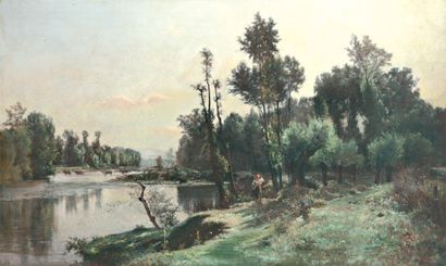 BEAUVERIE Charles Joseph (1839-1924) « Matinée de Printemps au bord de l'Oise » Huile...