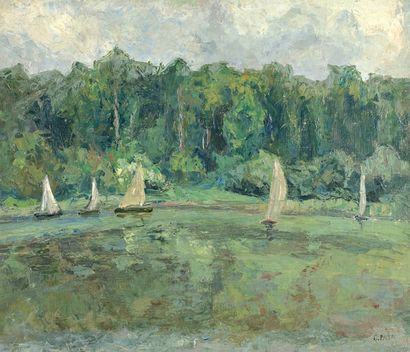 PATA Cherubino ou Cherubin (1827-1899) « Voiles sur la lac d'Annecy » Huile sur toile...