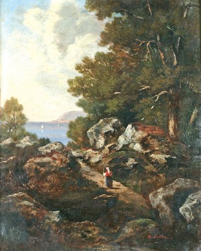 SUTTER David (1811-1880) « Paysanne sur le chemin du lac Léman » Huile sur panneau....