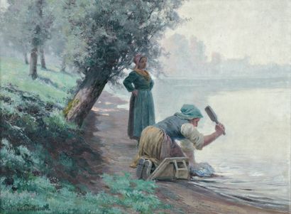 LE POITTEVIN Louis (1847-1909) « Les laveuses » Huile sur toile Signée en bas à gauche...