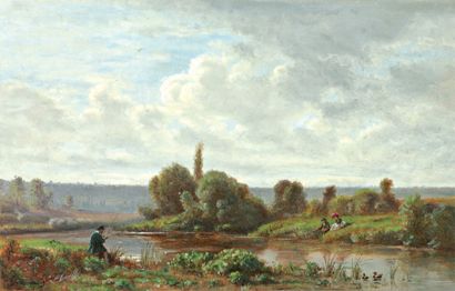 FRANÇAIS François Louis (1814-1897) « Elégantes et pêcheurs au bord de la rivière...