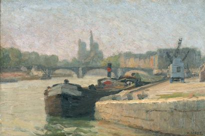 LINET Octave (1870-1902) « Bord de Seine » Huile sur panneau Signée en bas à droite...