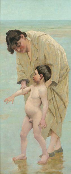 DEMONT-BRETON Virginie (1859-1935) « Le premier bain » Huile sur toile Signée en...