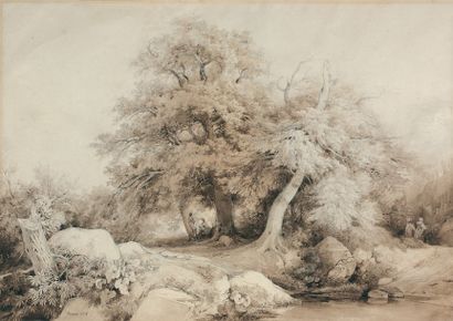 HUBERT Louis Jean-Baptiste (1801-) « La halte en forêt » Dessin et lavis d'encre...
