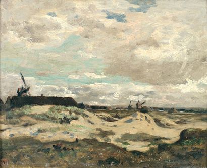 YON Edmond (1836-1907) « Paysage au moulin à Kérity » Huile sur panneau Signée en...