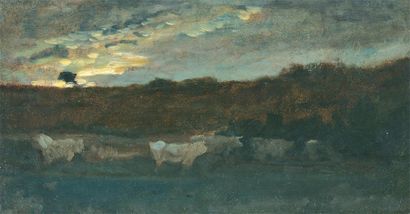 DAUBIGNY Charles François (1817-1878) « Vaches passant le gué » Etude, Huile sur...