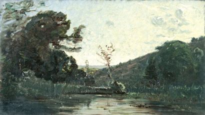DAUBIGNY Karl (1846-1886) « Arbres autour d'un étang » Huile sur toile 36 x 63 cm...