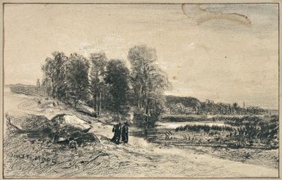 NOEL Jules (1810-1881) « Promeneurs dans le Morbihan » Dessin au fusain Signée en...