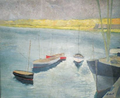 Louis ANTRAL (1895-1940). Bateaux dans l'estuaire. Huile sur panneau signée en bas...