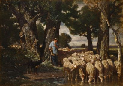 JACQUE Charles Emile (1813-1894) Berger et son troupeau Huile sur toile, signé et...
