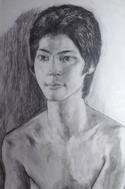 SUTTER (XXe) Portrait de jeune homme asiatique Crayon noir sur papier blanc, non...