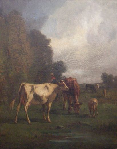 Antonio CORTES (1827-1908) Bergère et son troupeau Huile sur toile, signée en bas...