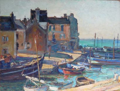Richard REIMANS (1882-?) Le port Aligan à Quiberon Huile sur isorel. 27 x 35 cm