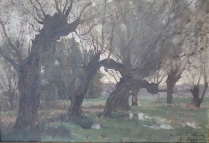 Jacinthe POZIER (1844-1915) Les saules en bord de rivière Huile sur toile, signée...