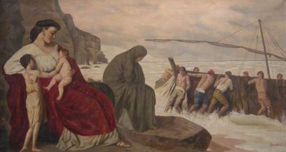 Anselm FEUERBACH (1829-1880) attribué à Medée Maternité près d'une embarcation Huile...