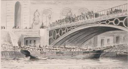 NOEL Jules (1810-1881) Le pont du Carrousel Plume, encre et lavis, signé en bas à...