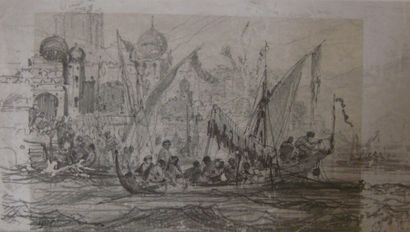 NOEL Jules (1810-1881) Felouques à Constantinople Dessin au crayon gras, cachet de...
