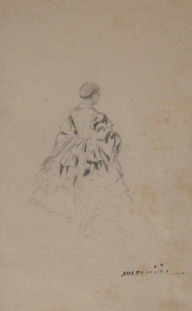 NOEL Jules (1810-1881) Jeune femme en crinoline Dessin à la mine de plomb, cachet...