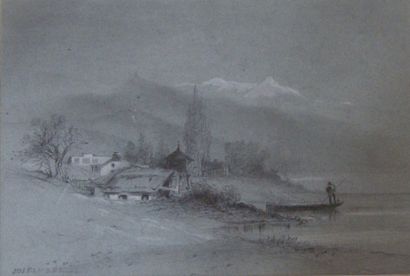 NOEL Jules (1810-1881) Bord de lac en Suisse Dessin à la mine de plomb, estompe sur...