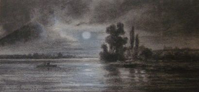 NOEL Jules (1810-1881) Effet de lune sur l'étang Crayon gras, pastel et rehauts de...