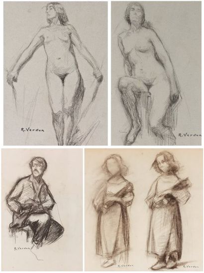 VERDUN Raymond (1873-1954) Bel ensemble de quatre dessins: Portrait de l'artiste,...